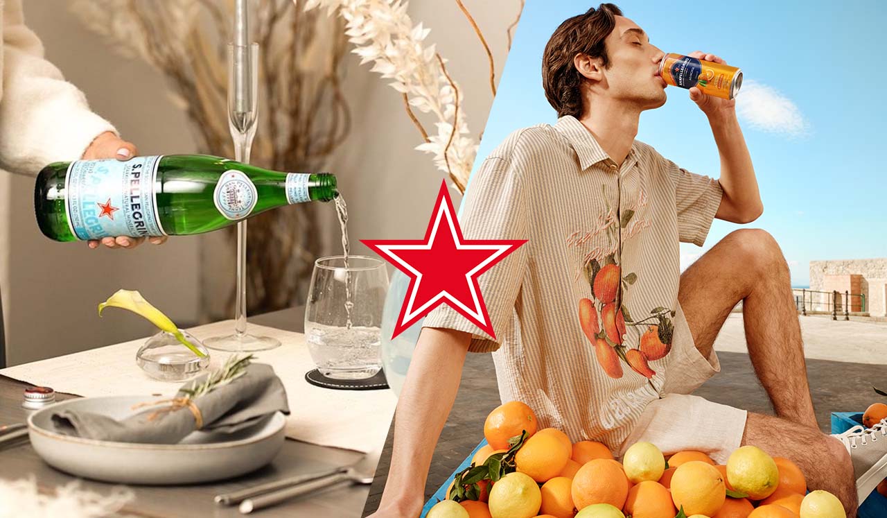 a guy drinking sanpellegrino italian sparkling drinks