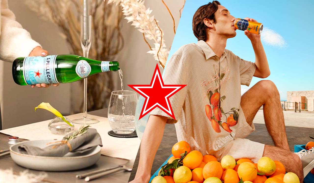 Einschenken von S.Pellegrino-Wasser und ein Mann trinkt ein Sanpellegrino-Getränk