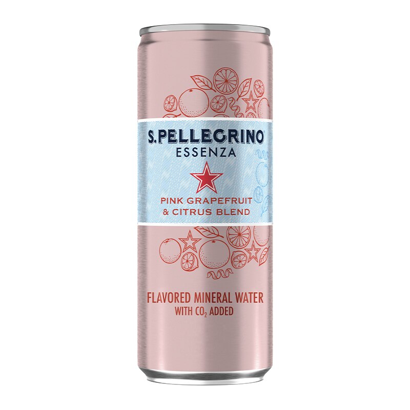 S.Pellegrino Essenza Pink Grapefrugt og Citrus. Forsiden på dåsen