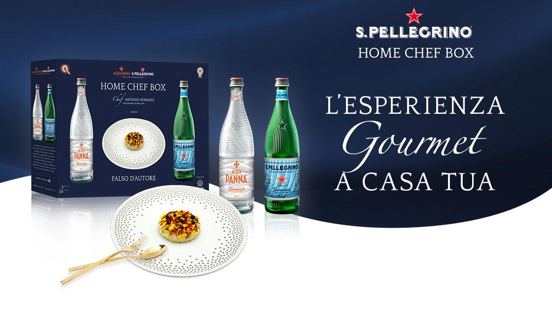 Home Chef Boxes di S.Pellegrino con le bottiglie di Acqua Panna e S.Pellegrino
