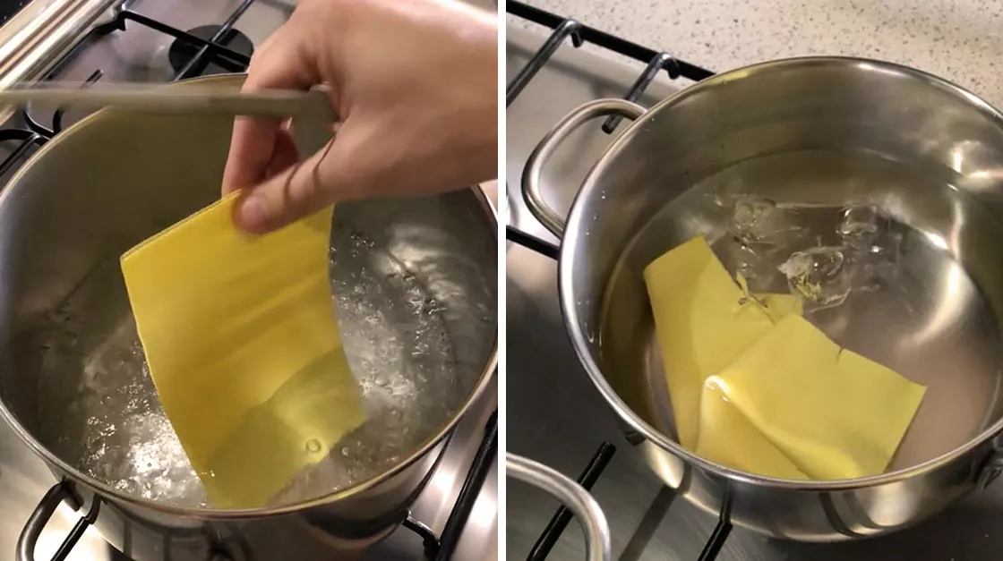 Sbollentate i rettangoli di pasta in acqua bollente salata per circa 1 minuto e poi raffreddateli in acqua e ghiaccio per fermare la cottura