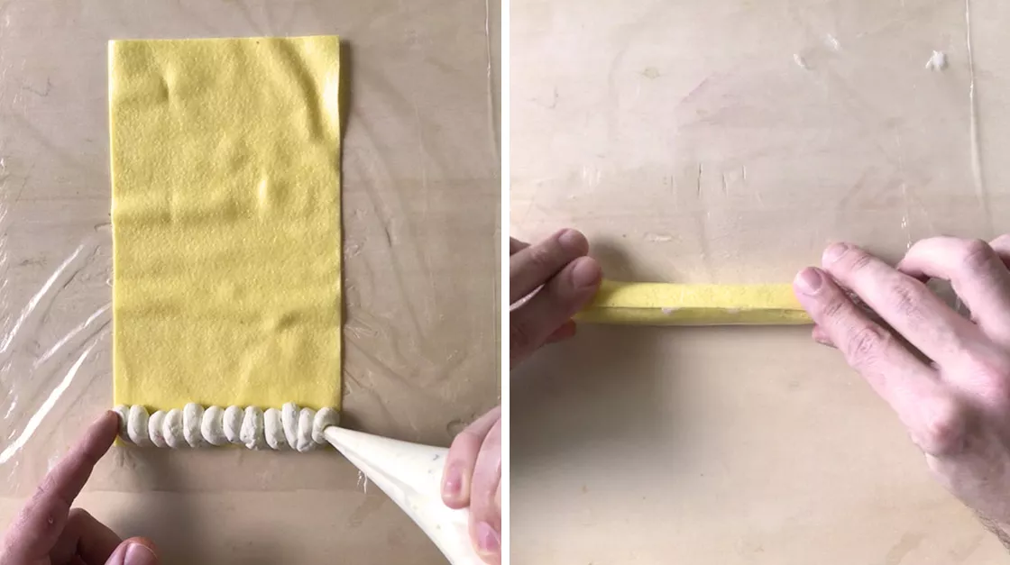 Farcite il bordo più basso con il composto di ricotta, scampi e lime