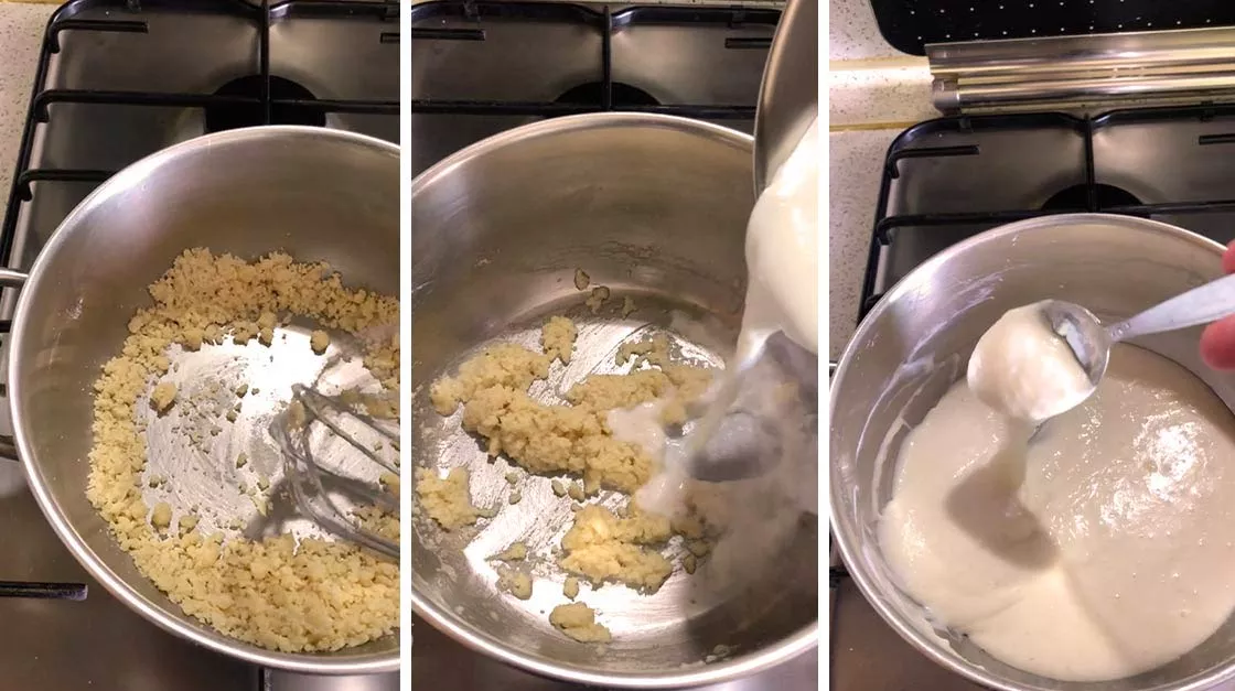 Per la besciamella mettete in un pentolino burro e farina in parti uguali e mescolate costantemente