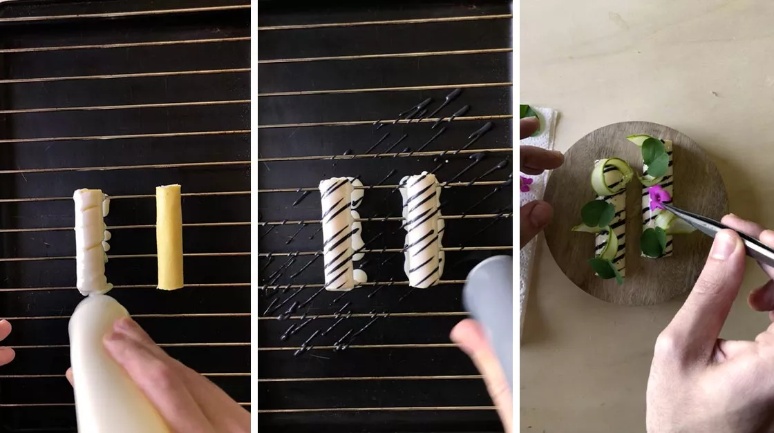 Estraete i cannoli dalla pellicola e sistemateli sulla griglia poi glassateli prima con la besciamella bianca e successivamente con qualche schizzo di quella nera