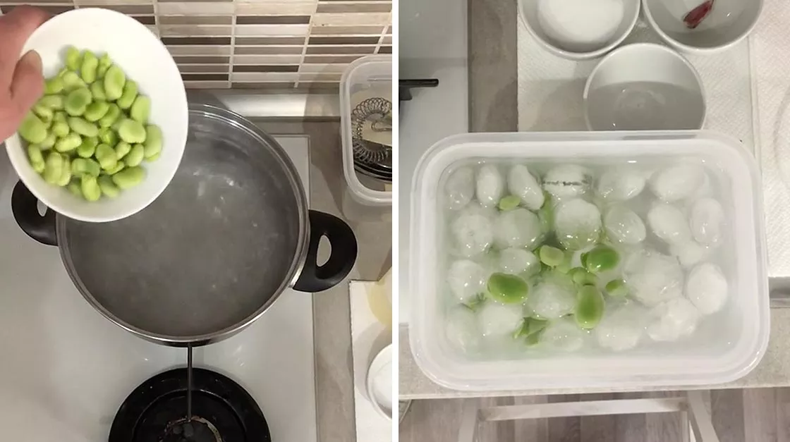 Sbollentate in acqua salata i piselli e poi in acqua e ghiaccio per fermarne la cottura