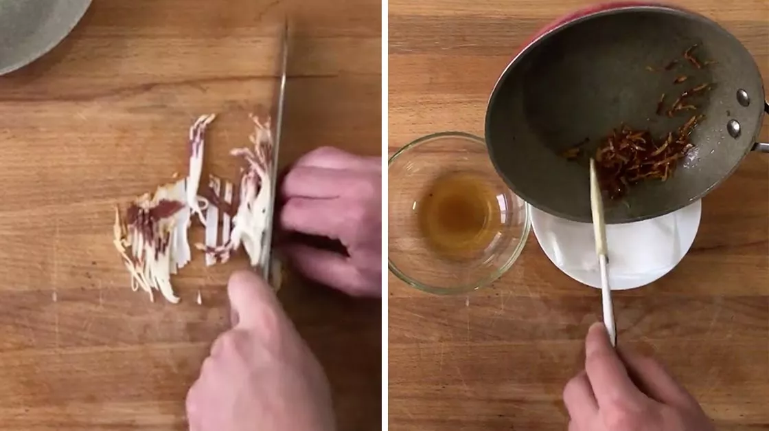 Tagliate il guanciale a julienne e mettetelo in una padella calda