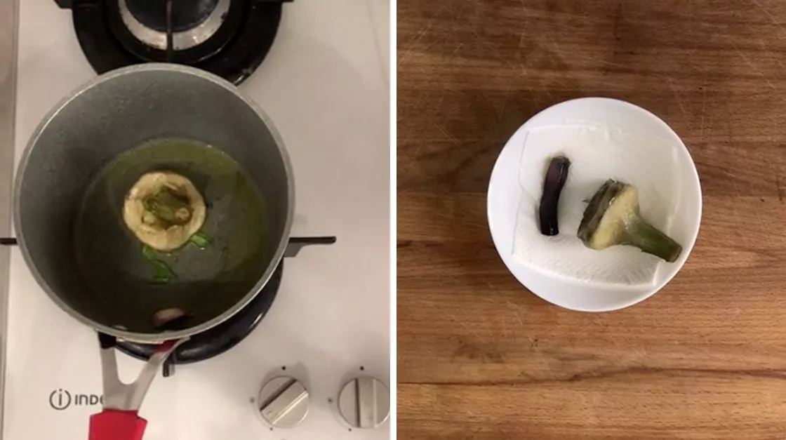 In un pentolino soffriggete uno spicchio d’aglio in un filo d’olio, aggiungete qualche fogliolina di menta, unite il carciofo a testa in giù e il cipollotto