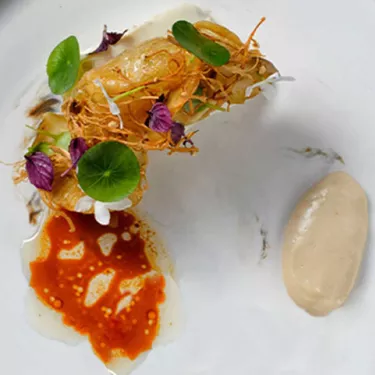 Fine dining of Sakura Chicken with Yam, King Oyster Mushroom, Soya Emulsion