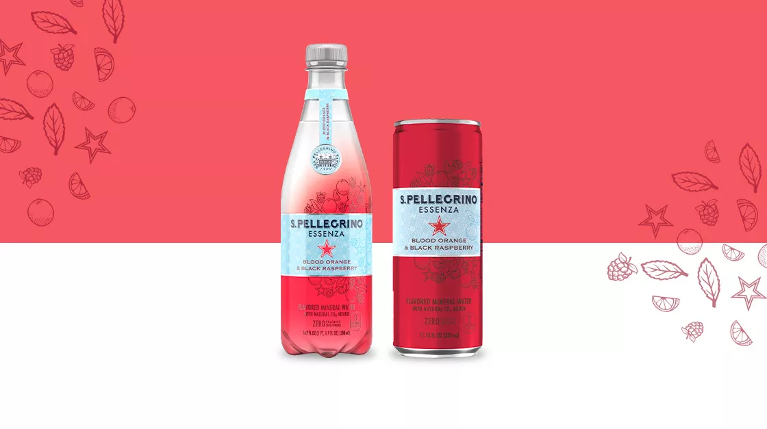 Bottle and can of S.Pellegrino Essenza
