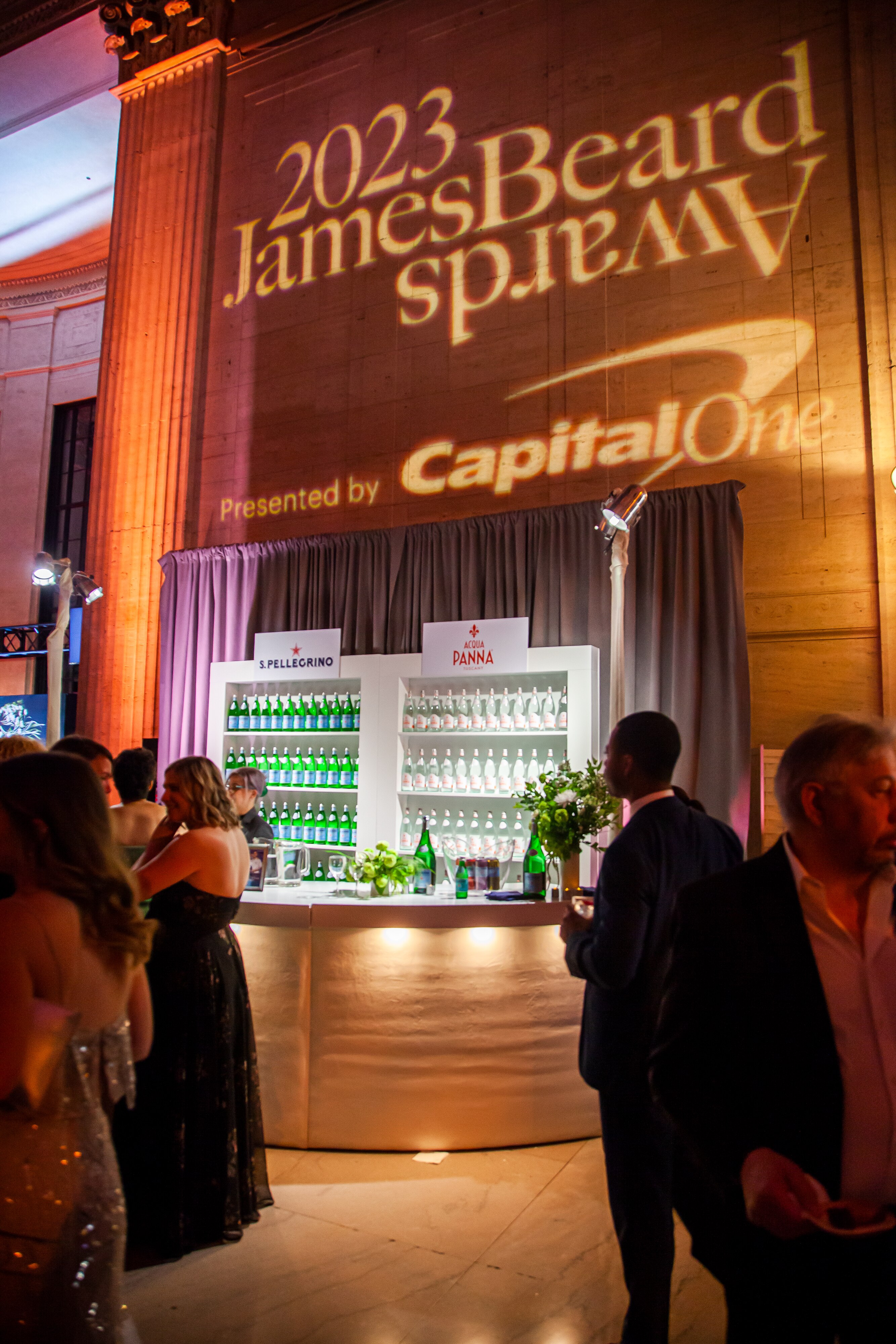 Event bar at the 2023 James Beard Awards, featuring Acqua Panna and S.Pellegrino bottles.