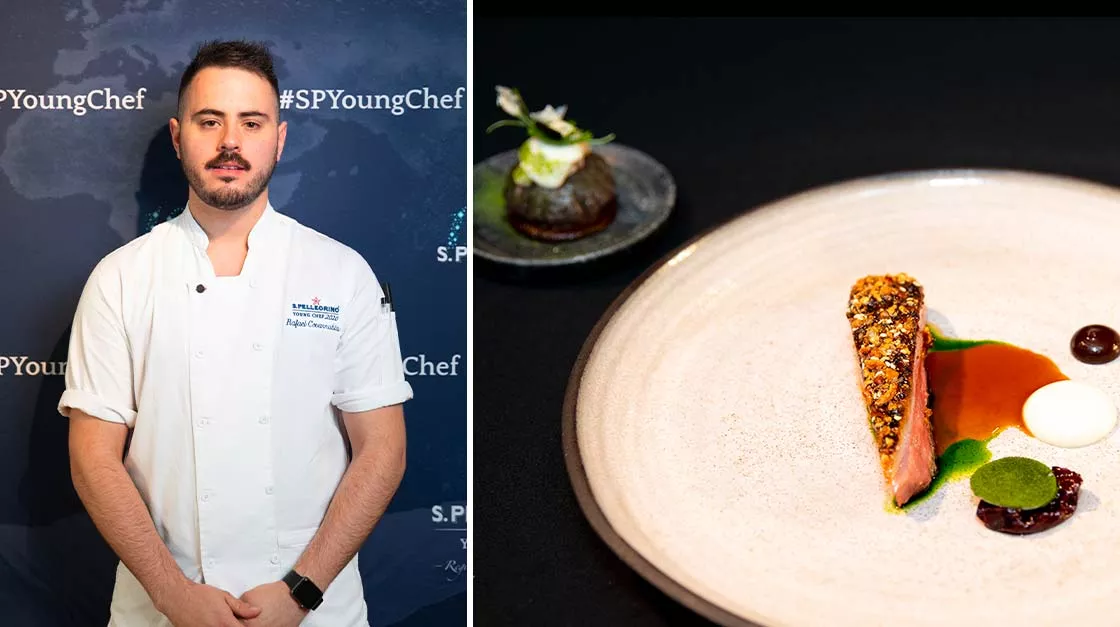 Rafael Covarrubias with his signature dish "Mole Negro Spiced Muscovy Duck, Preserved Prune, and Winter Roots"
